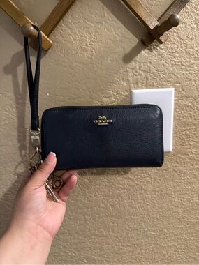 Coach Navy Leather Zip Wristlet with Gold Hardware